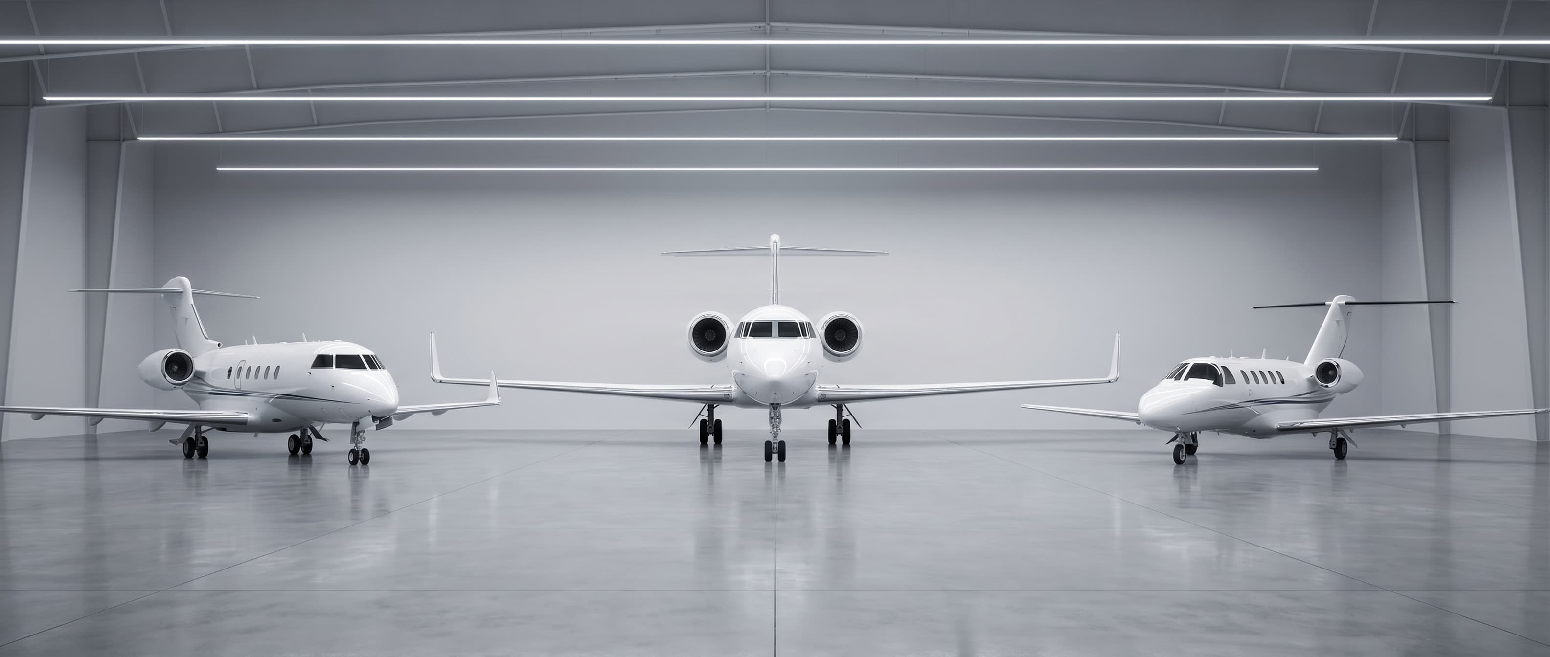 A row of pristine private jets in a hangar — representing the executive fleet we service