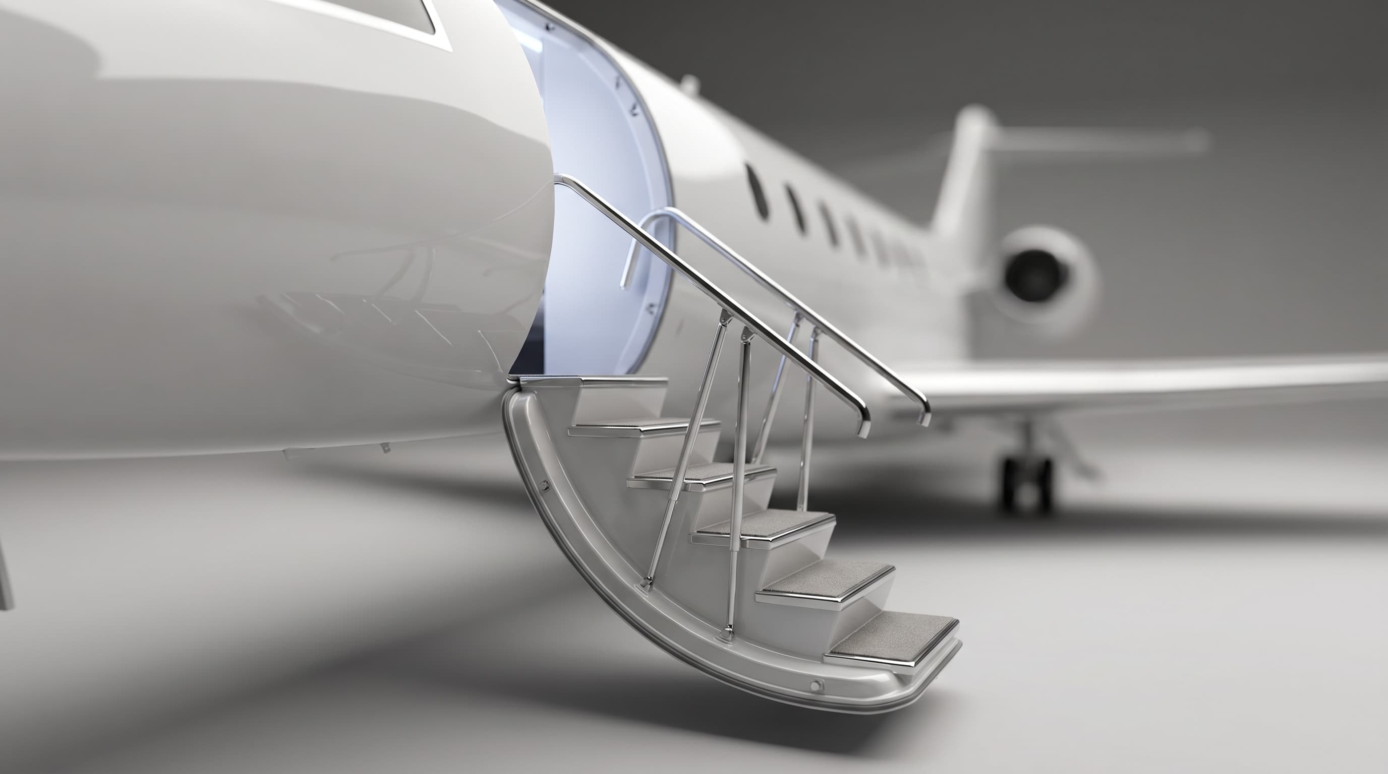 Open private jet airstair with cabin glow visible through the doorway