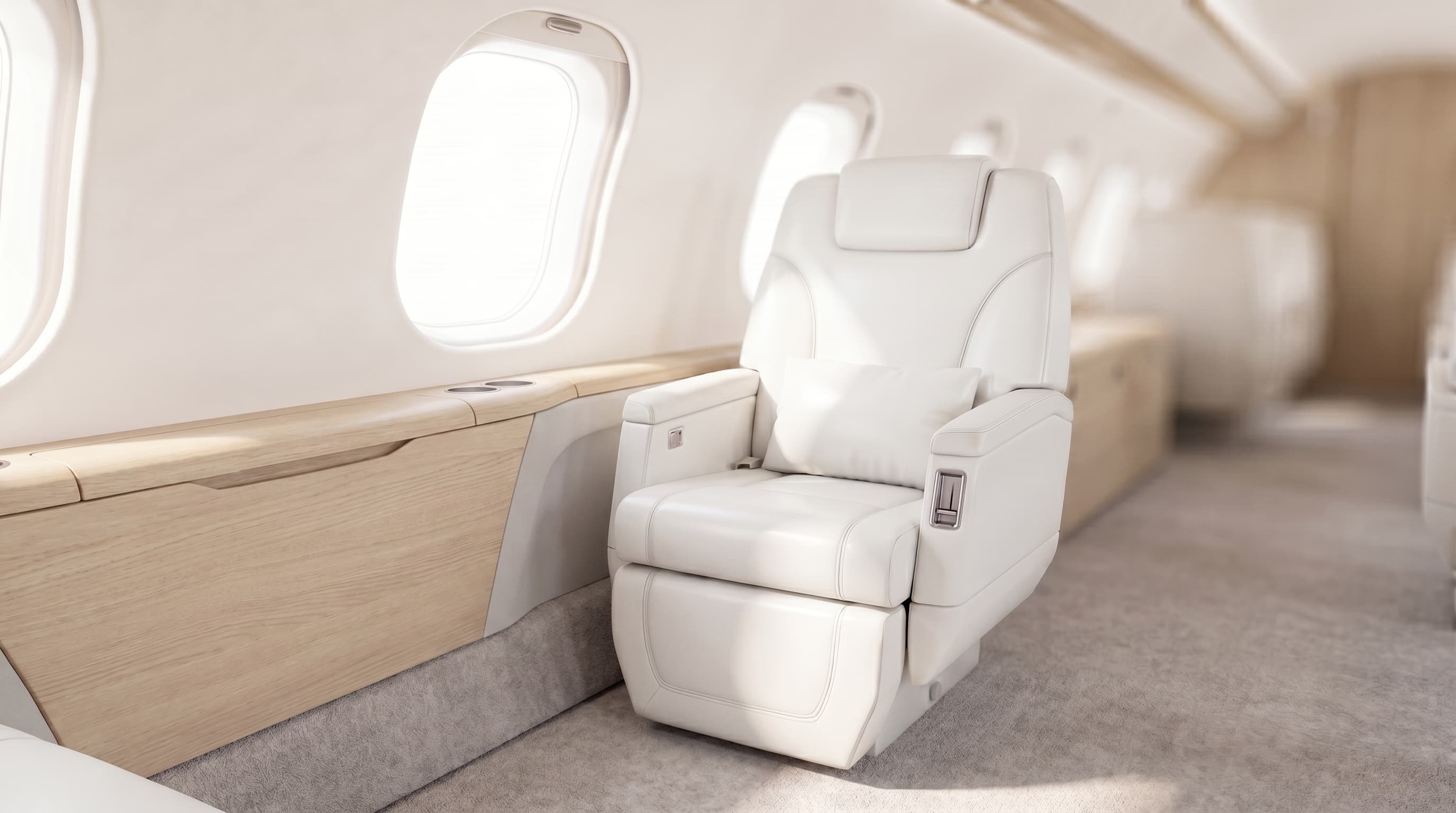 Pristine cabin seat with polished wood trim under cabin lighting