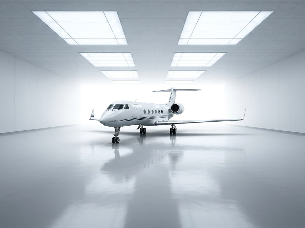 Pristine white private jet alone in a clean studio hangar bay
