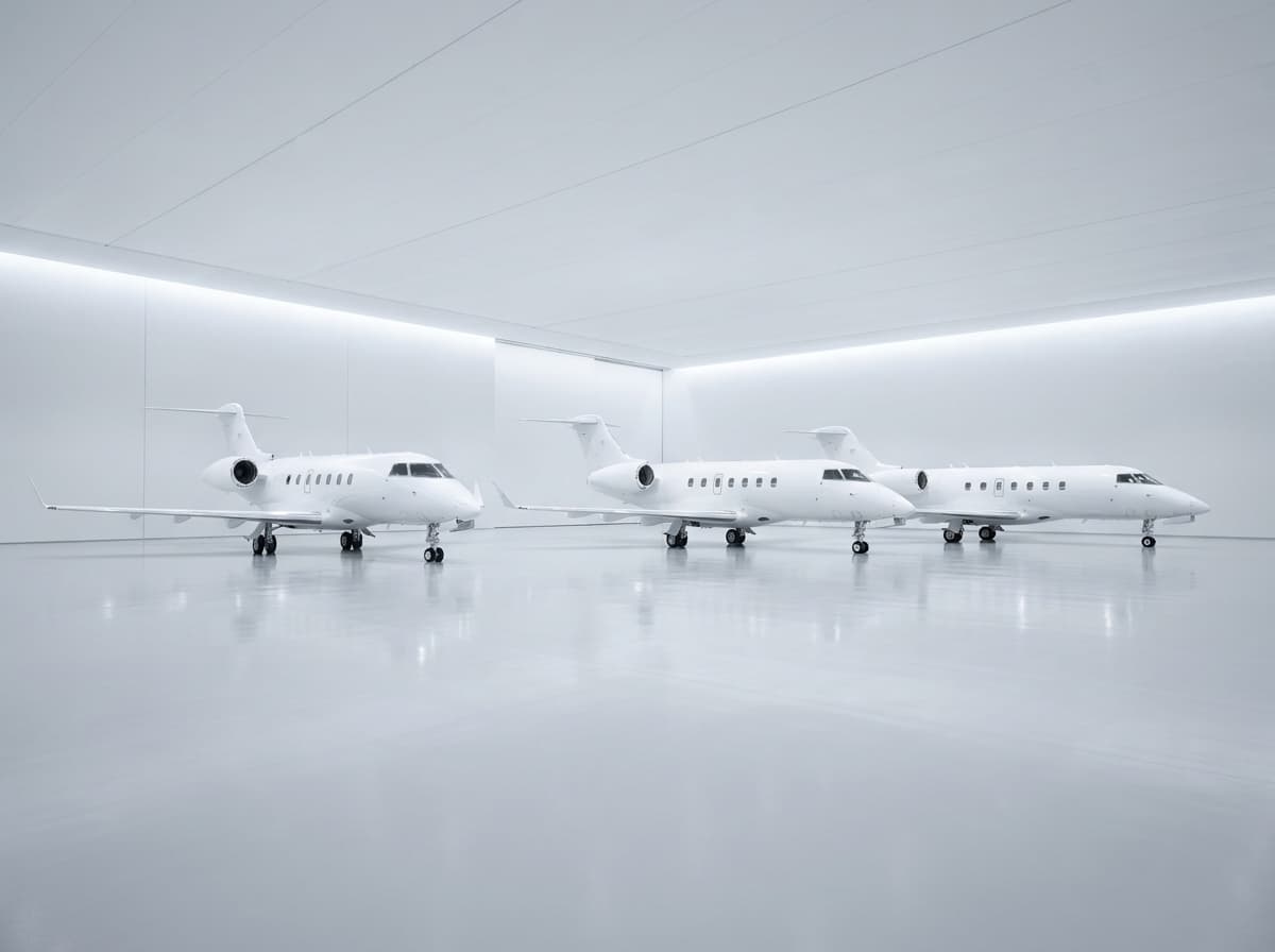 Three pristine white private jets aligned inside a clean hangar
