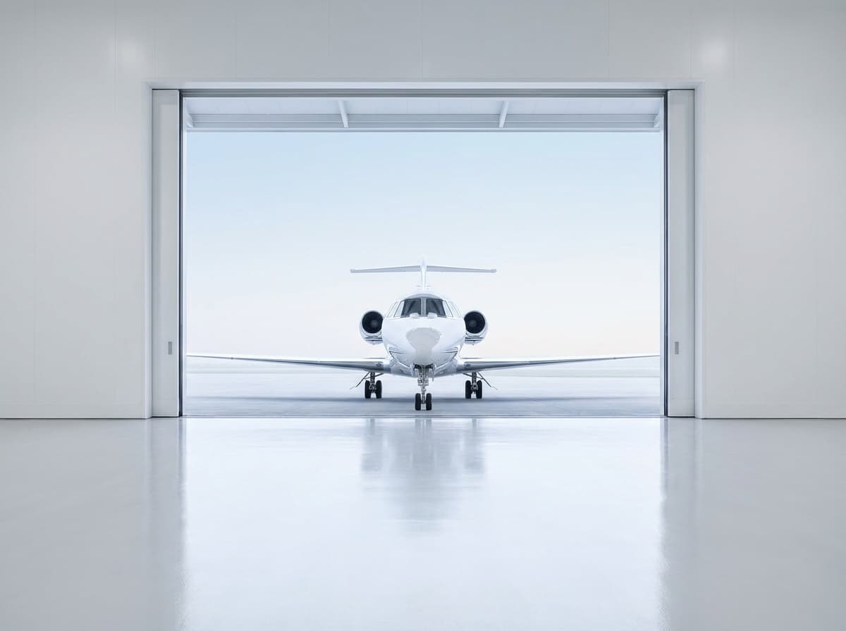 Open hangar door revealing white private jet ready for service
