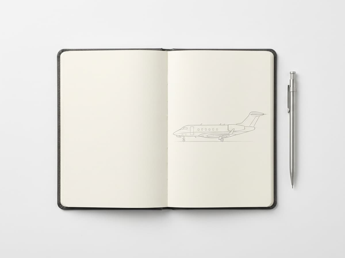 Open leather notebook with technical pencil drawing of private jet