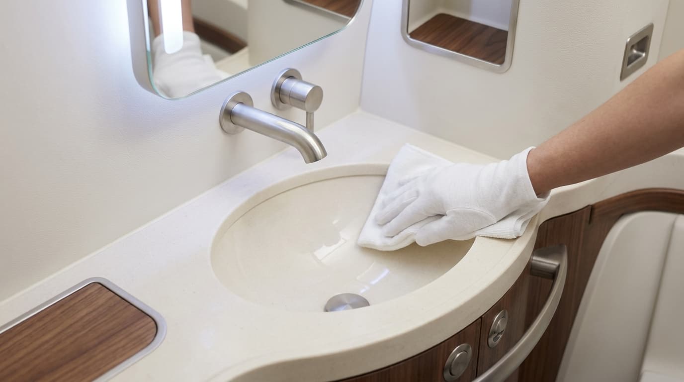 Gloved hand wiping the compact aircraft lavatory basin with aviation-safe disinfectant