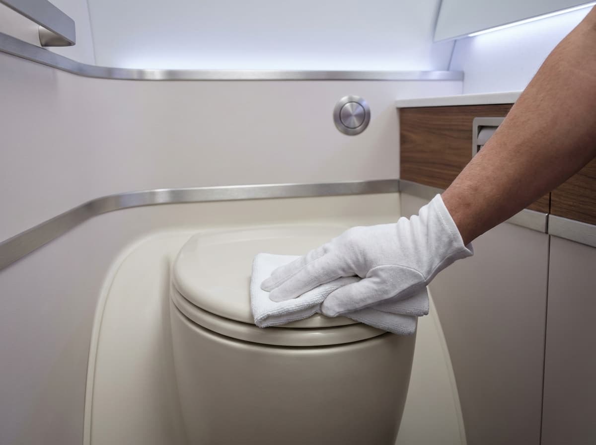Gloved hand cleaning the rim of a compact private jet lavatory toilet
