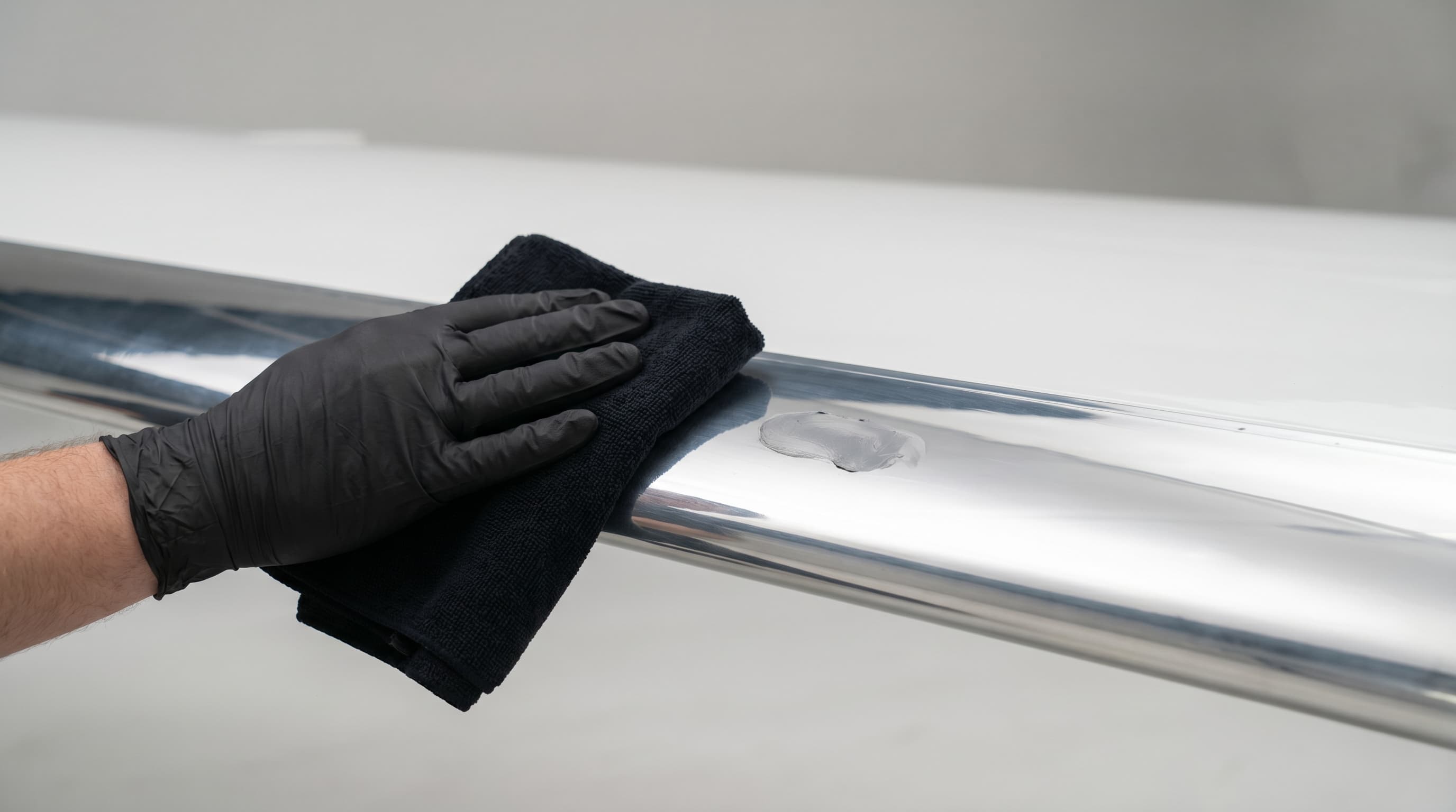 Gloved hand polishing the metal heated leading edge of a white business jet wing