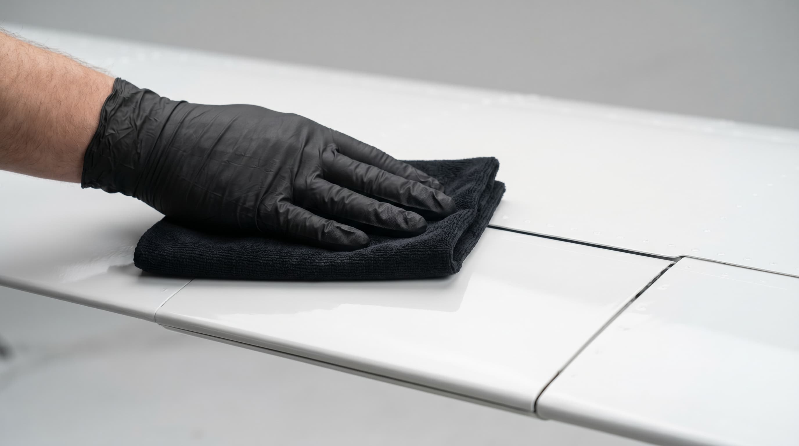 Suede microfiber and gloss enhancer on a white aircraft panel
