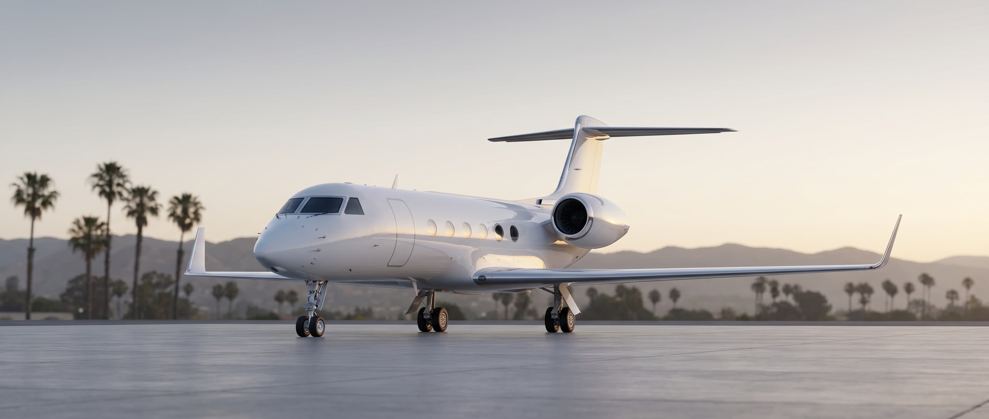 Pristine private jet on a Southern California FBO ramp at golden hour