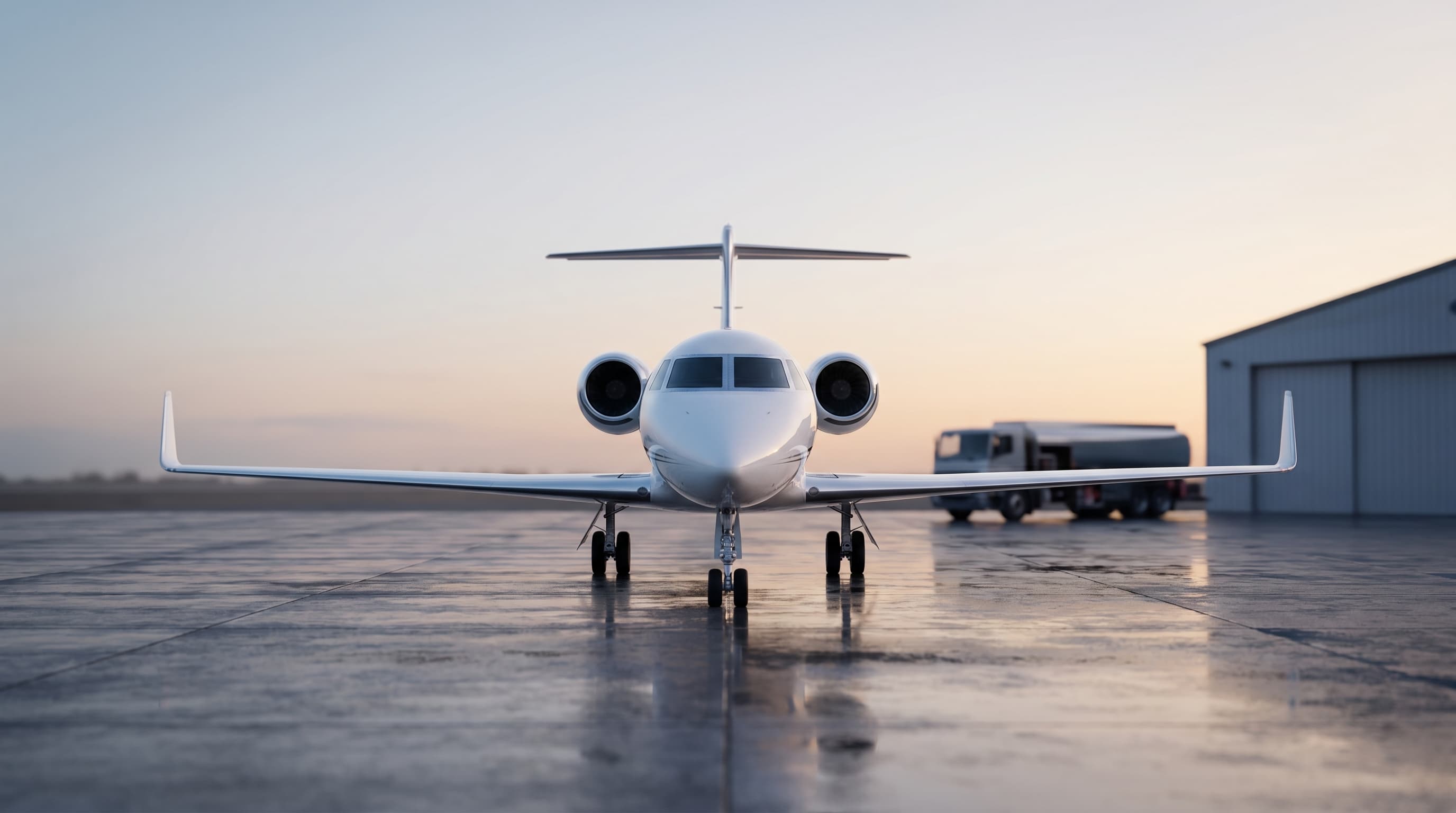 Private jet on FBO ramp with fuel truck in soft focus background
