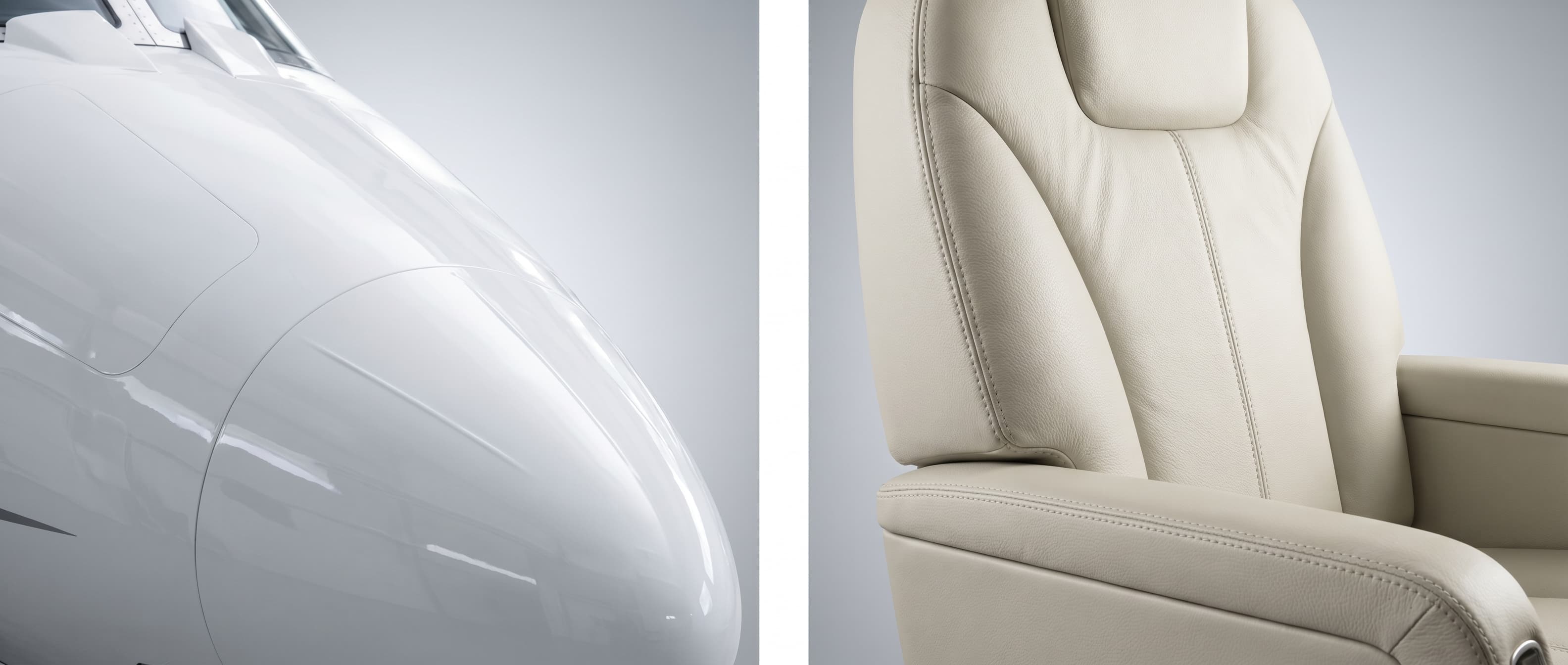 Split composition: glossy white aircraft fuselage paired with cream leather cabin seat