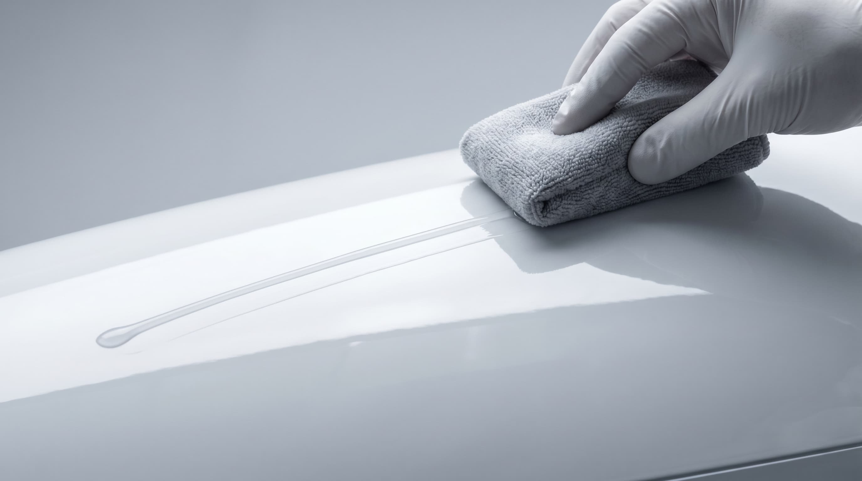 Hand applying paint sealant to a glossy white aircraft fuselage panel