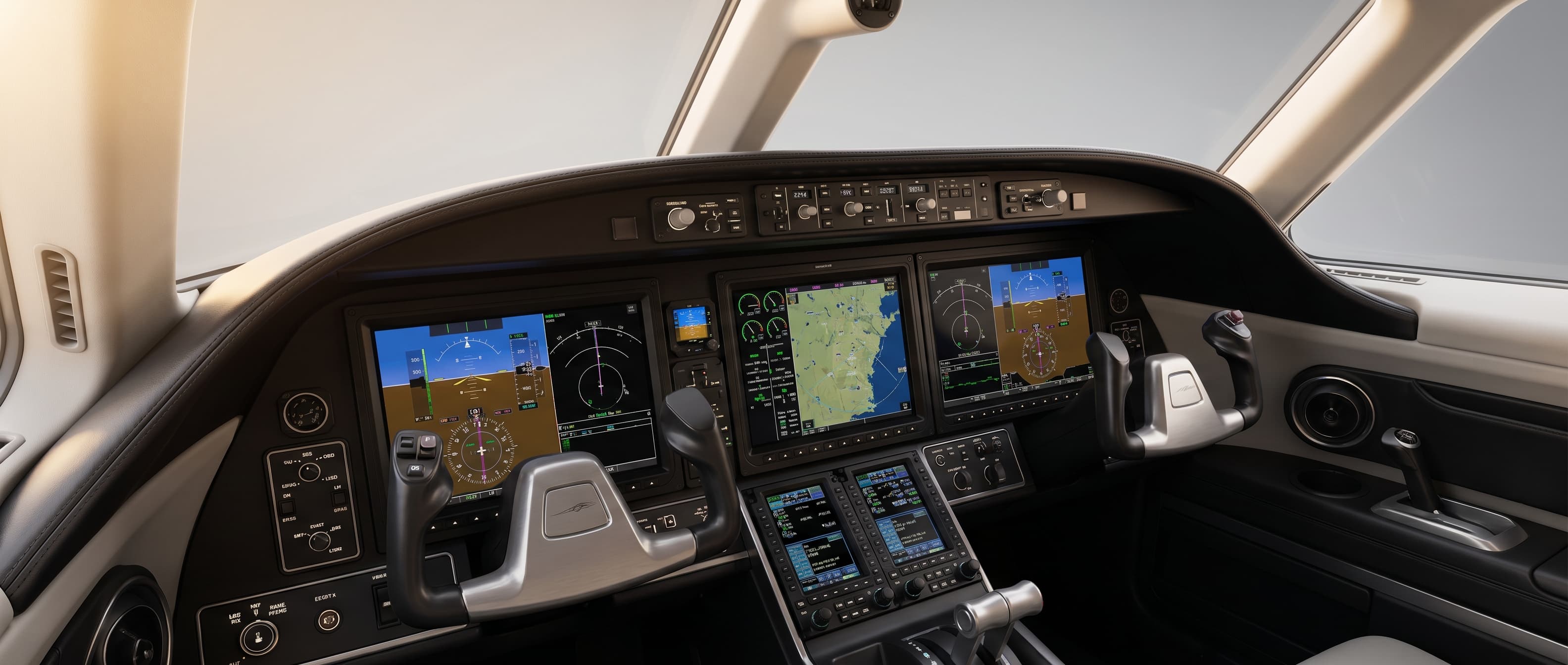 Aircraft cockpit interior, clean panels and screens under hangar lighting